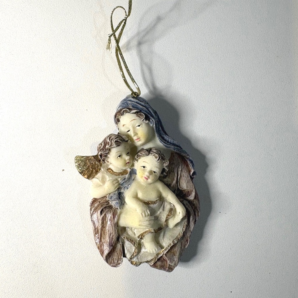 Madonna and Child with Angel Christmas Ornament Religious Resin Gold Accents